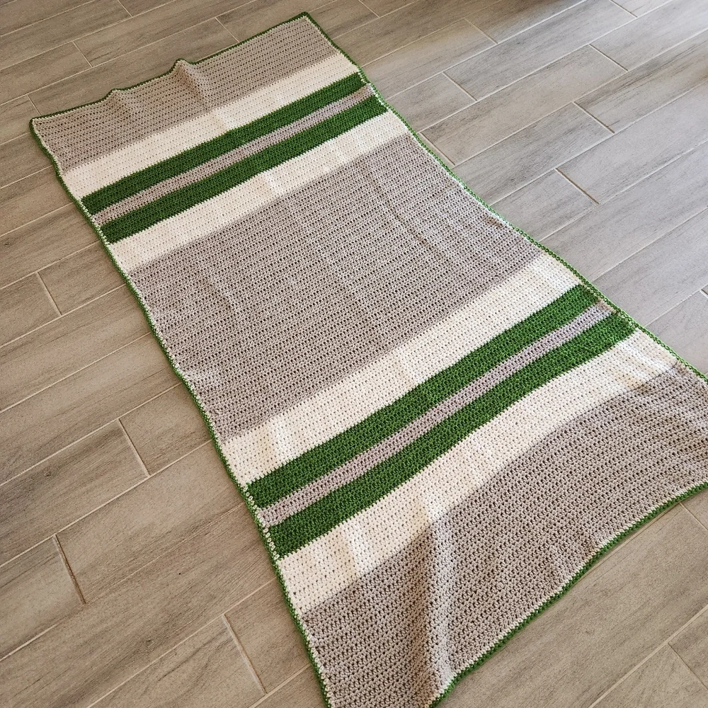 Hand knit blanket grey green wool blend stripes crochet throw couch runner decor